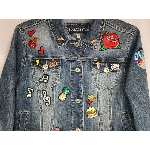 Jean Jacket Embellished Sequin Embroidered Patches Pins Button Up Women’s Sz S - Picture 3 of 12